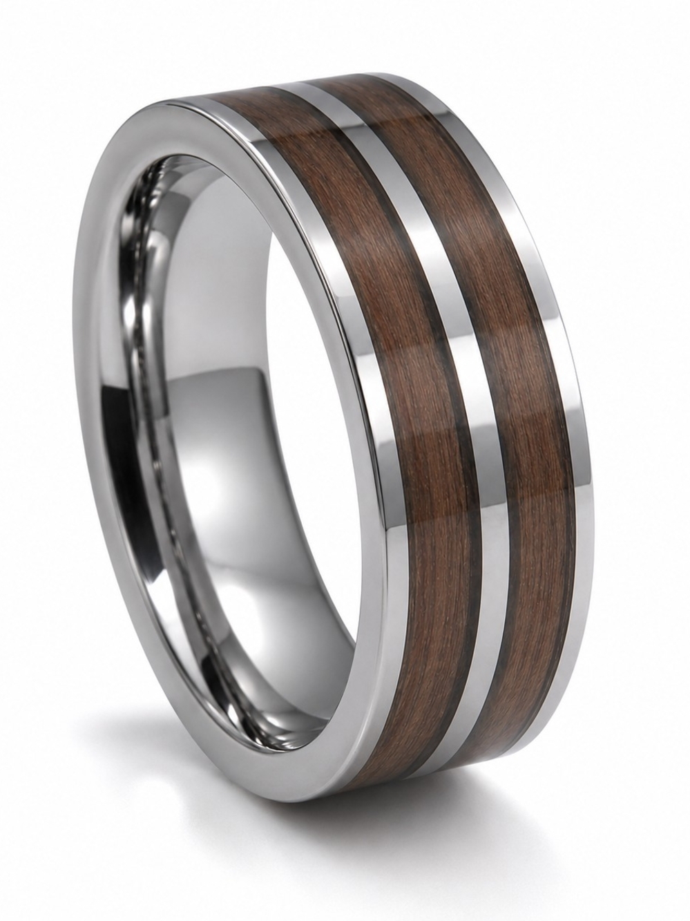 Polished Silver-Tone Tungsten Ring Band with Wood Inlay - Brown 8mm Wide